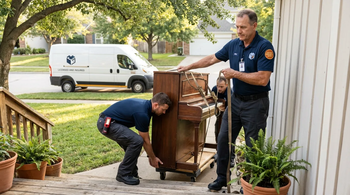 Licensed piano movers securing grand piano in Tennessee Ridge, TN
