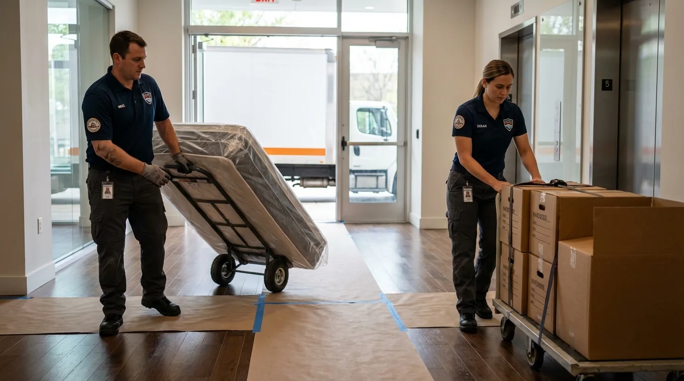Professional apartment movers loading elevator in Tennessee Ridge, TN