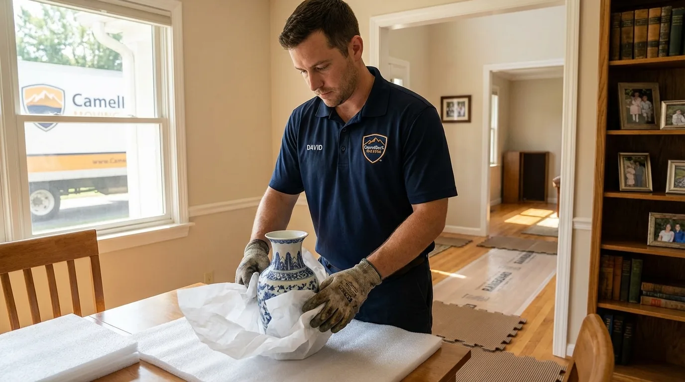 Professional crew carefully wrapping antique vase for senior downsizing move in Tennessee Ridge, TN